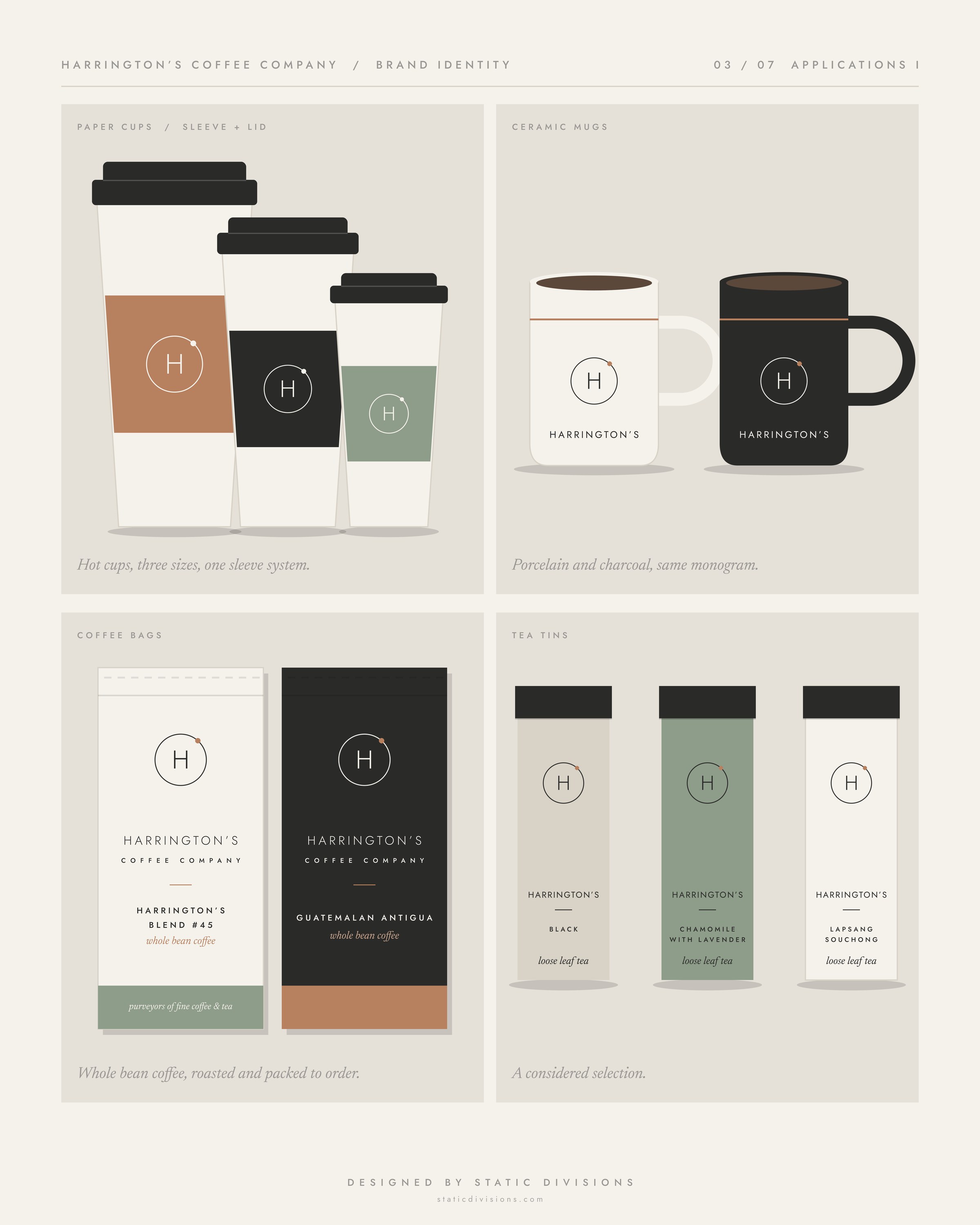 Harrington&rsquo;s Coffee Company brand identity board 3 of 7: Applications: cups, mugs, bags and tins