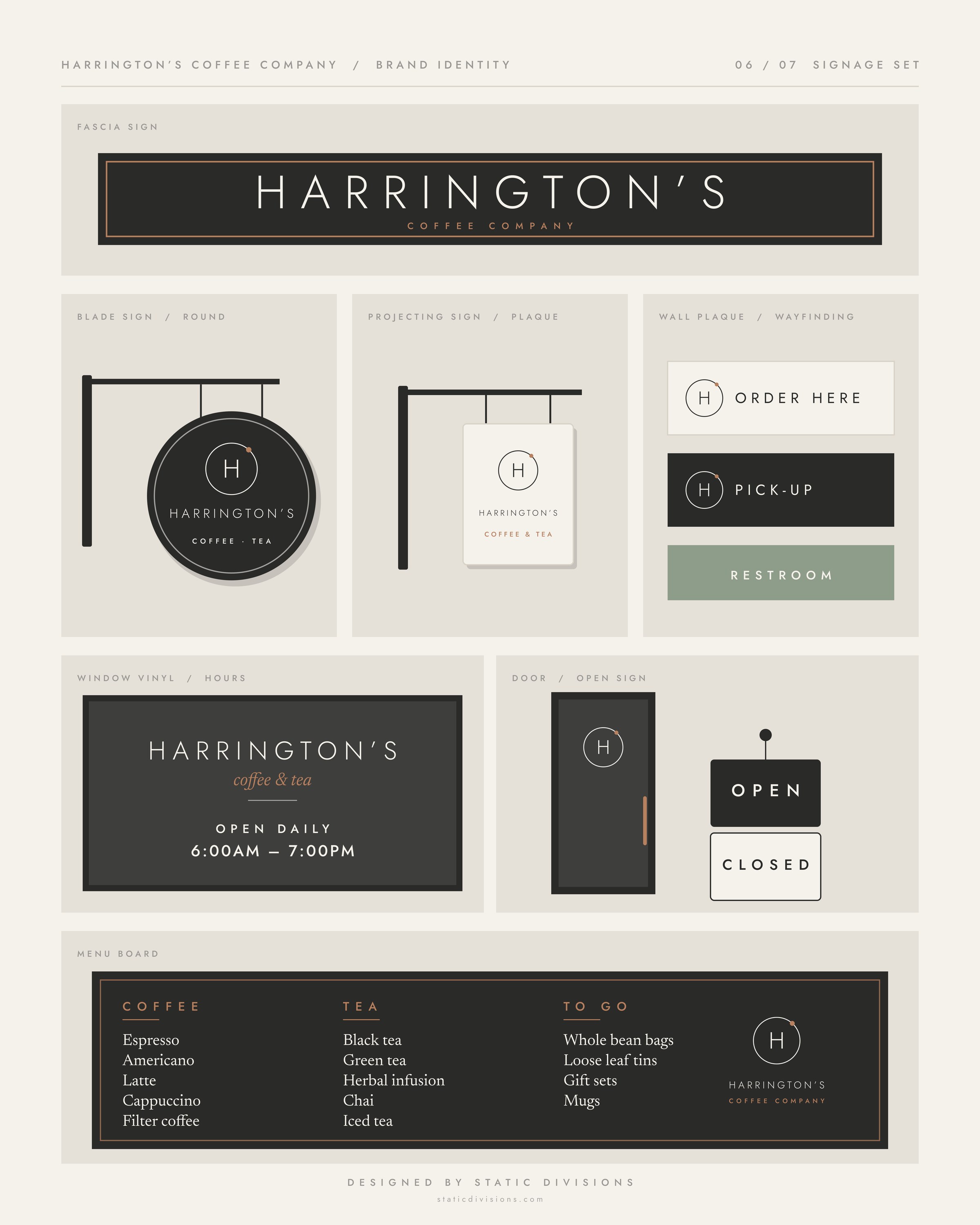 Harrington&rsquo;s Coffee Company brand identity board 6 of 7: Signage