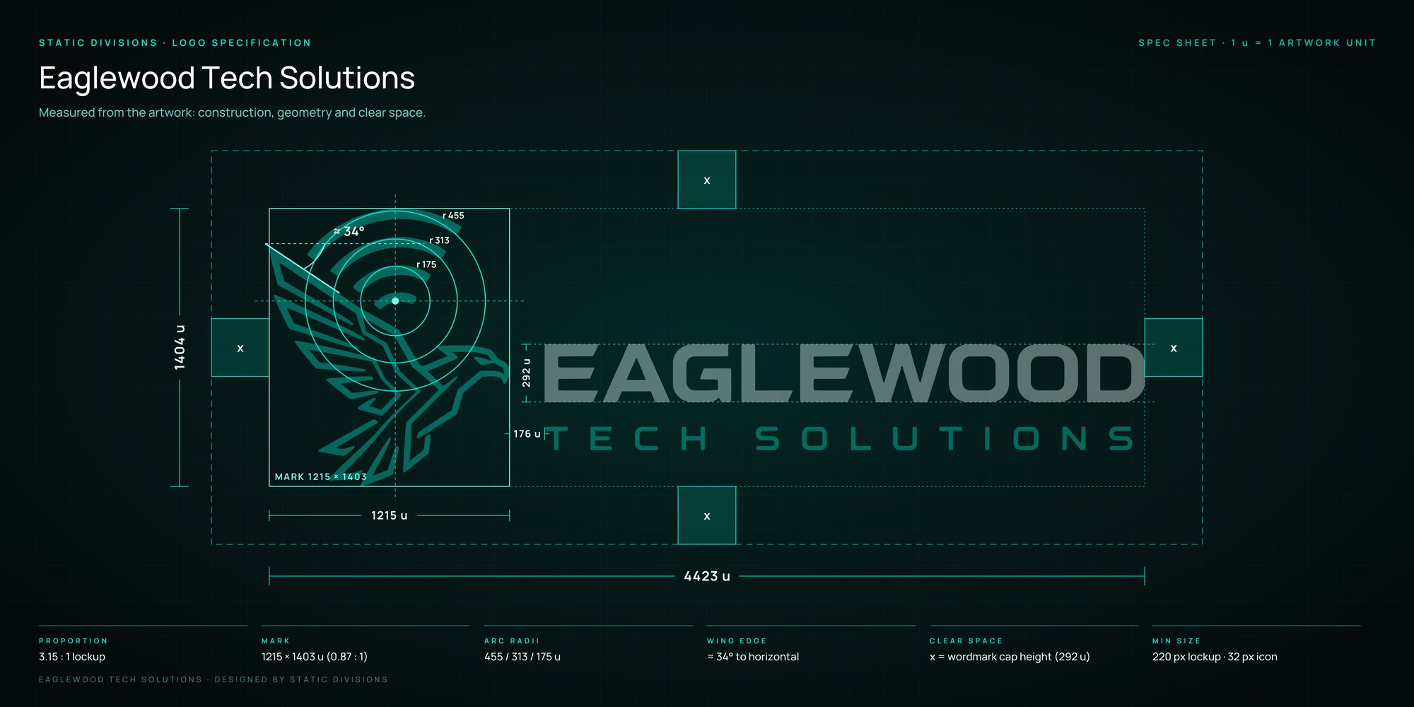 Eaglewood Tech Solutions logo spec sheet: lockup with dimensions, construction circles, wing angle and clear-space squares